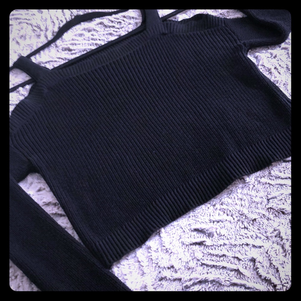 Express Sweater, Black, Crop, Exposed Shoulder Sweater